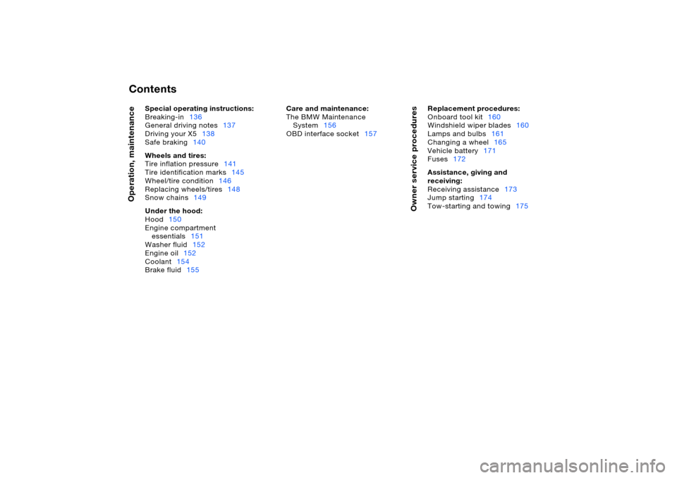 BMW X5 3.0I 2006 E53 Owners Manual ContentsOperation, maintenance
Owner service procedures
Special operating instructions: 
Breaking-in136
General driving notes137
Driving your X5138
Safe braking140
Wheels and tires: 
Tire inflation pr