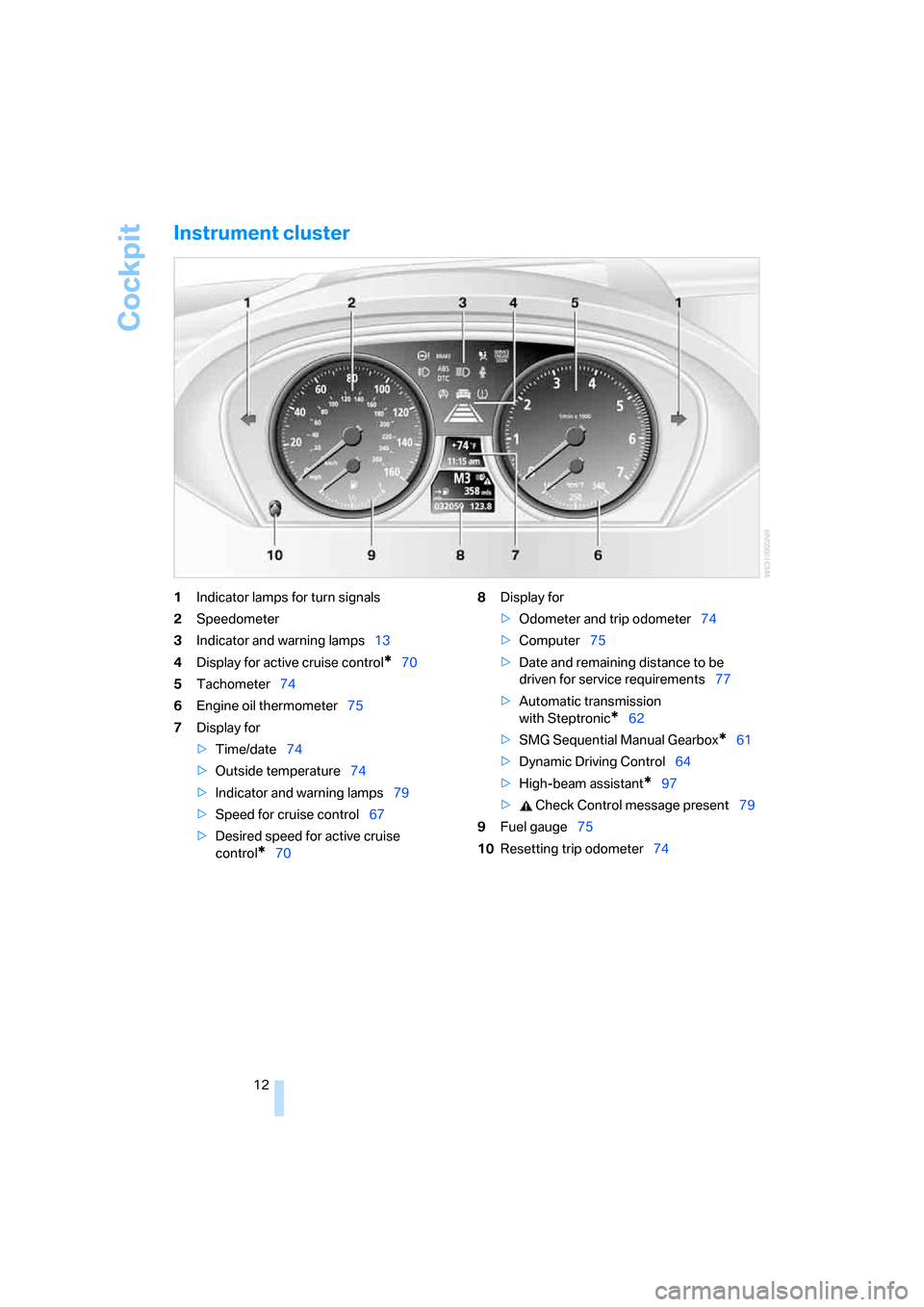 BMW 650I COUPE 2006 E63 Owners Manual Cockpit
12
Instrument cluster
1Indicator lamps for turn signals
2Speedometer
3Indicator and warning lamps13
4Display for active cruise control
*70
5Tachometer74
6Engine oil thermometer75
7Display for
