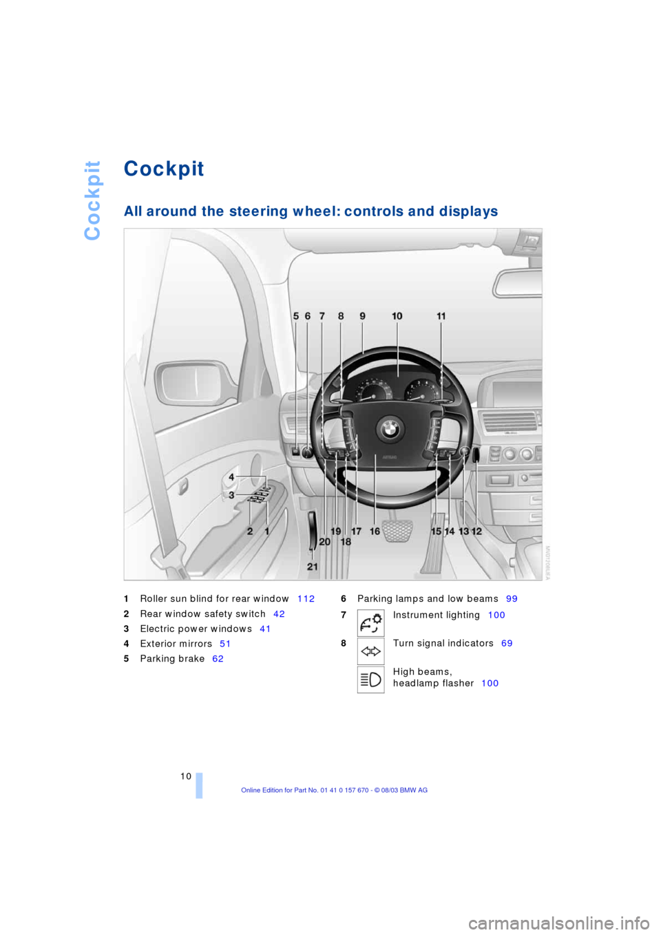 BMW 760i 2004 E65 Owners Manual  
Cockpit
 
10
 
Cockpit 
All around the steering wheel: controls and displays 
 
1
 
Roller sun blind for rear window112
 
2
 
Rear window safety switch42 
 
3
 
Electric power windows41
 
4
 
Exteri