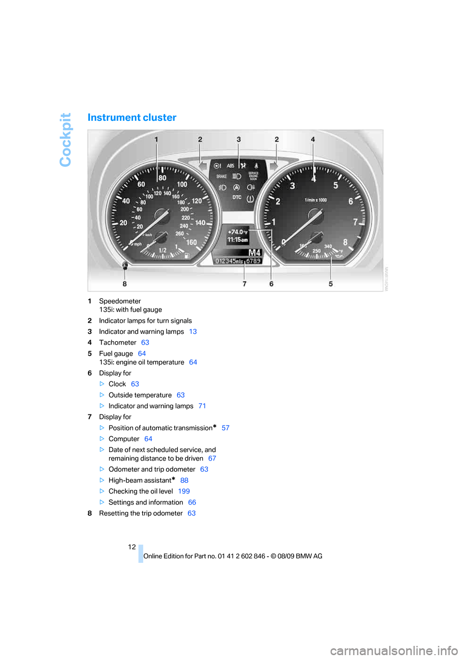 BMW 128I 2010 E81 User Guide Cockpit
12
Instrument cluster
1Speedometer
135i: with fuel gauge
2Indicator lamps for turn signals
3Indicator and warning lamps13
4Tachometer63
5Fuel gauge64
135i: engine oil temperature64
6Display fo