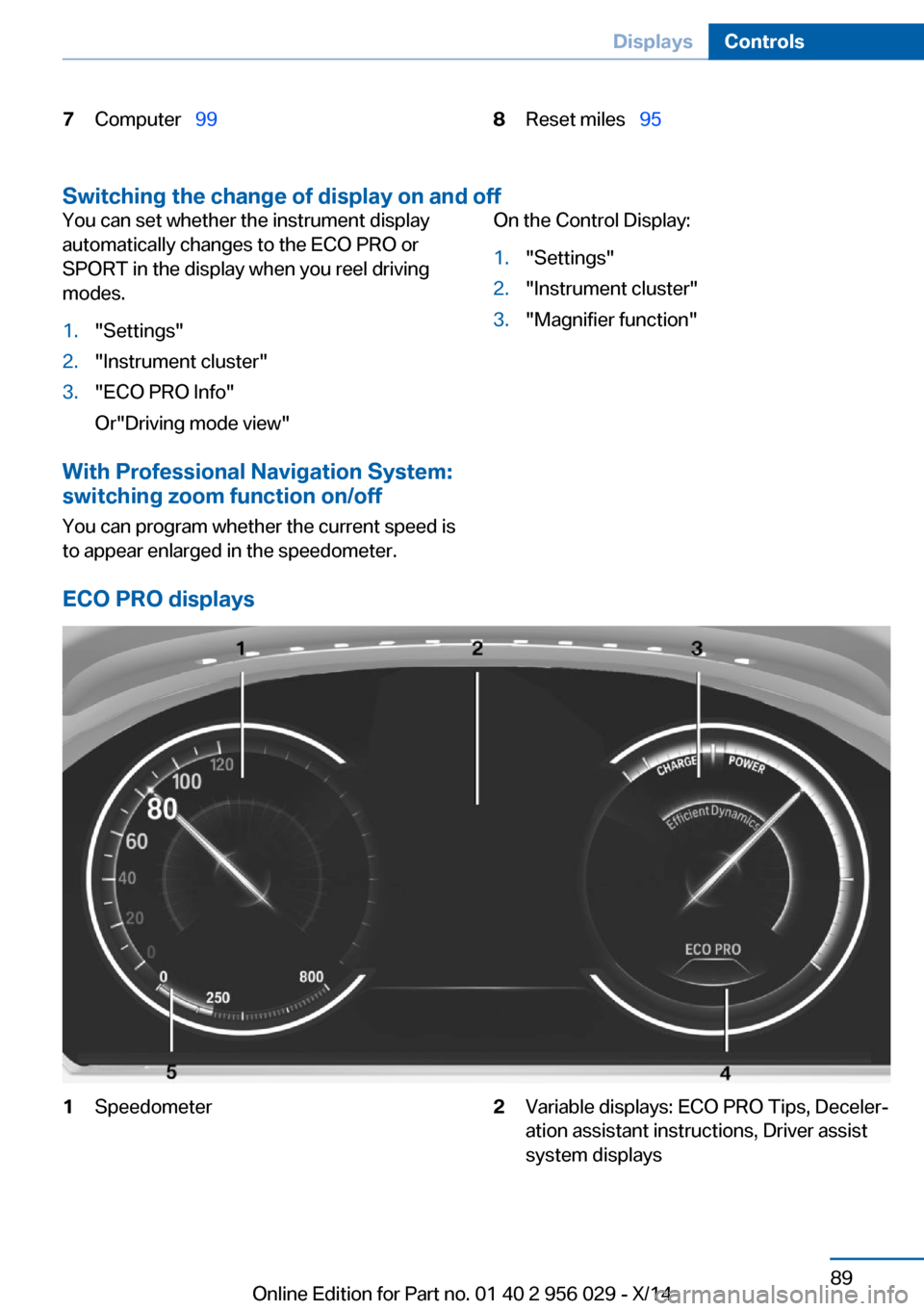 BMW 7 SERIES 2014 F01 Owners Manual 7Computer  998Reset miles   95
Switching the change of display on and off
You can set whether the instrument display
automatically changes to the ECO PRO or
SPORT in the display when you reel 