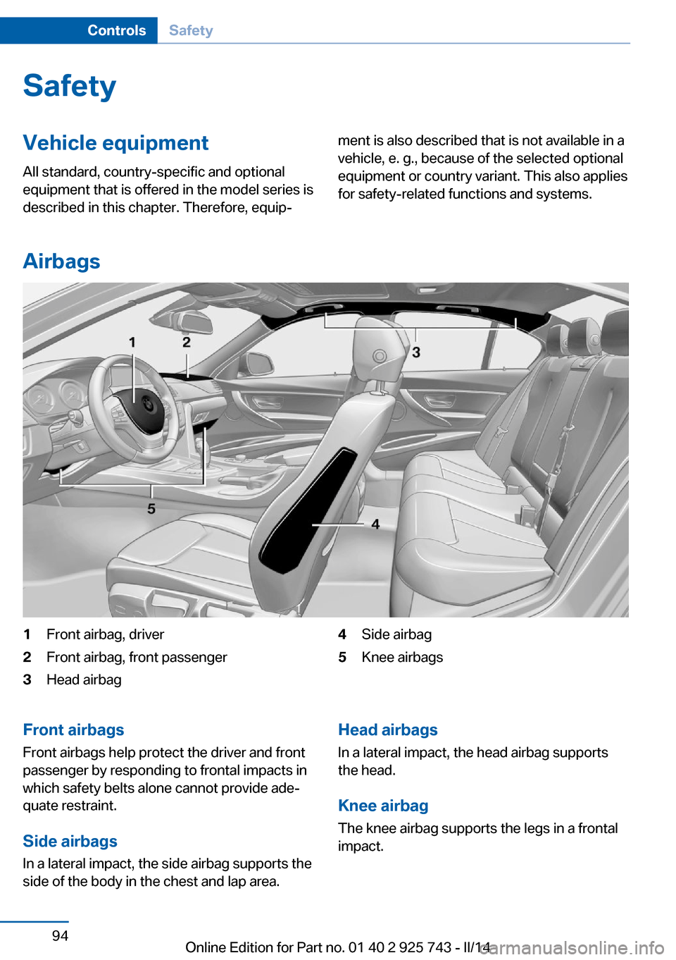 BMW 3 SERIES SEDAN 2014 F30 Owners Manual SafetyVehicle equipment
All standard, country-specific and optional
equipment that is offered in the model series is
described in this chapter. Therefore, equip‐ment is also described that is not av