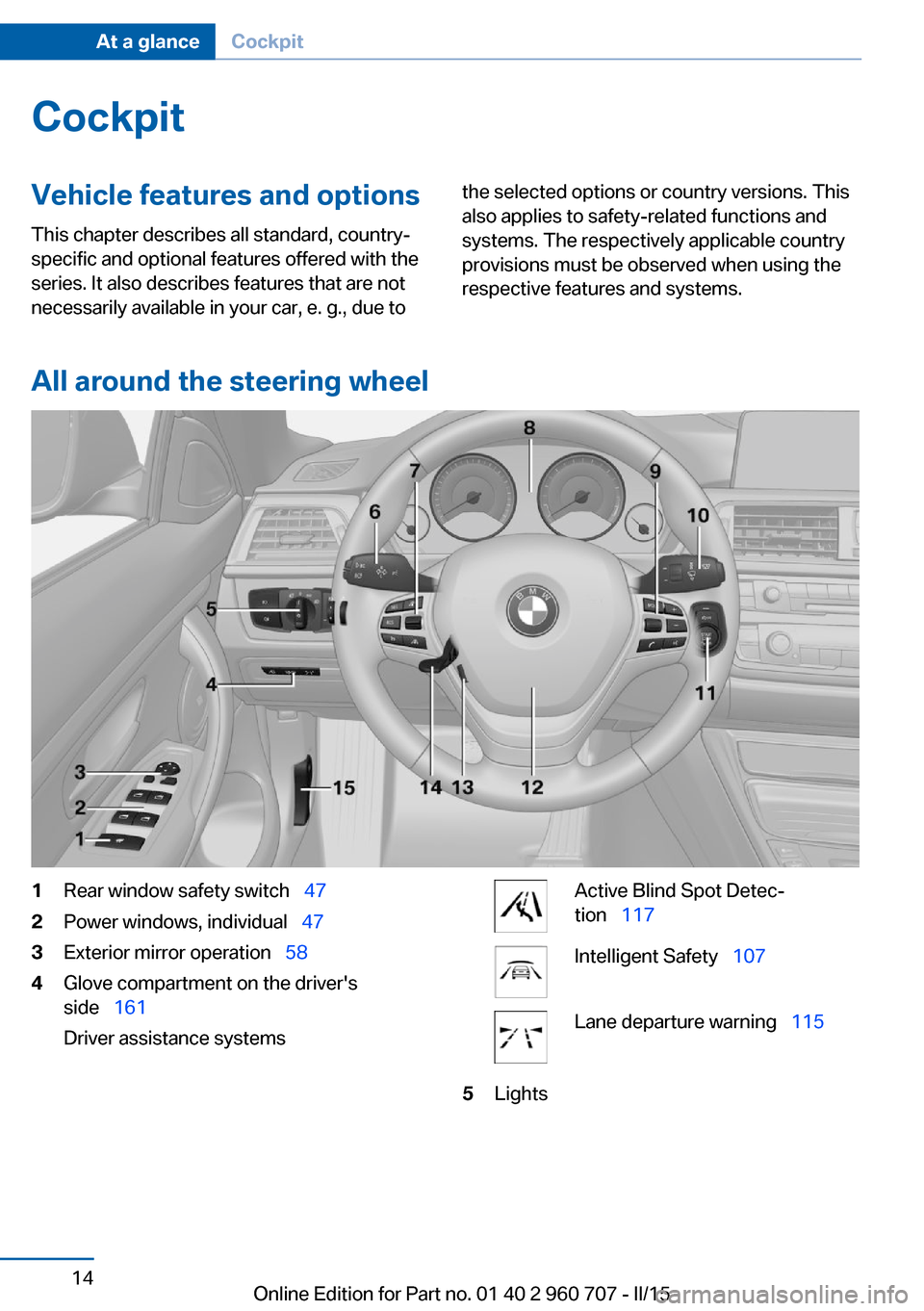 BMW 4 SERIES GRAN COUPE 2016 F36 Owners Manual CockpitVehicle features and options
This chapter describes all standard, country-
specific and optional features offered with the
series. It also describes features that are not
necessarily available 