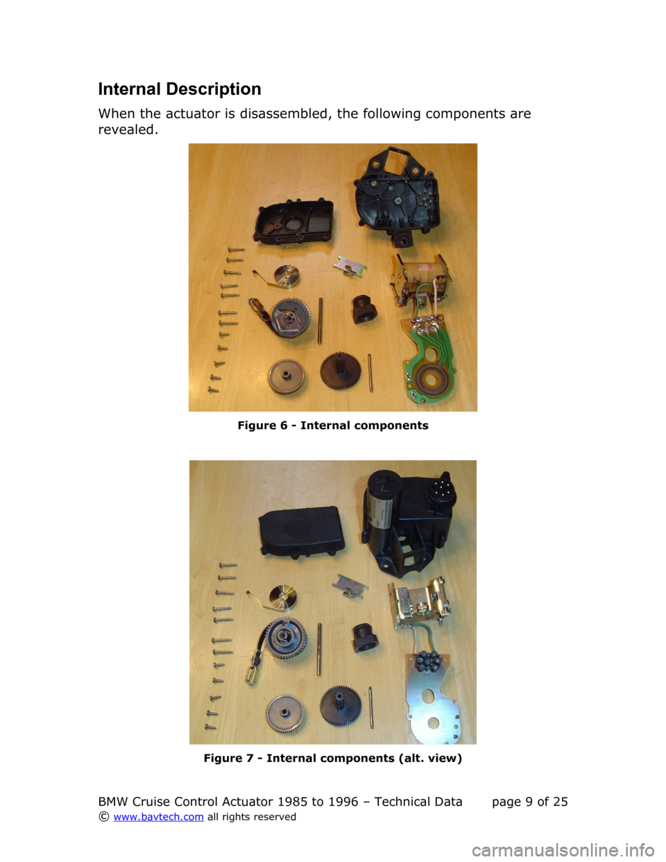 BMW 7 SERIES 1992 E32 Cruise Control Acutator Internal Description
When the actuator is disassembled, the following components are  
revealed.
Figure  6  - Internal components
Figure  7  - Internal components (alt. view)
BMW Cruise Control Actuat