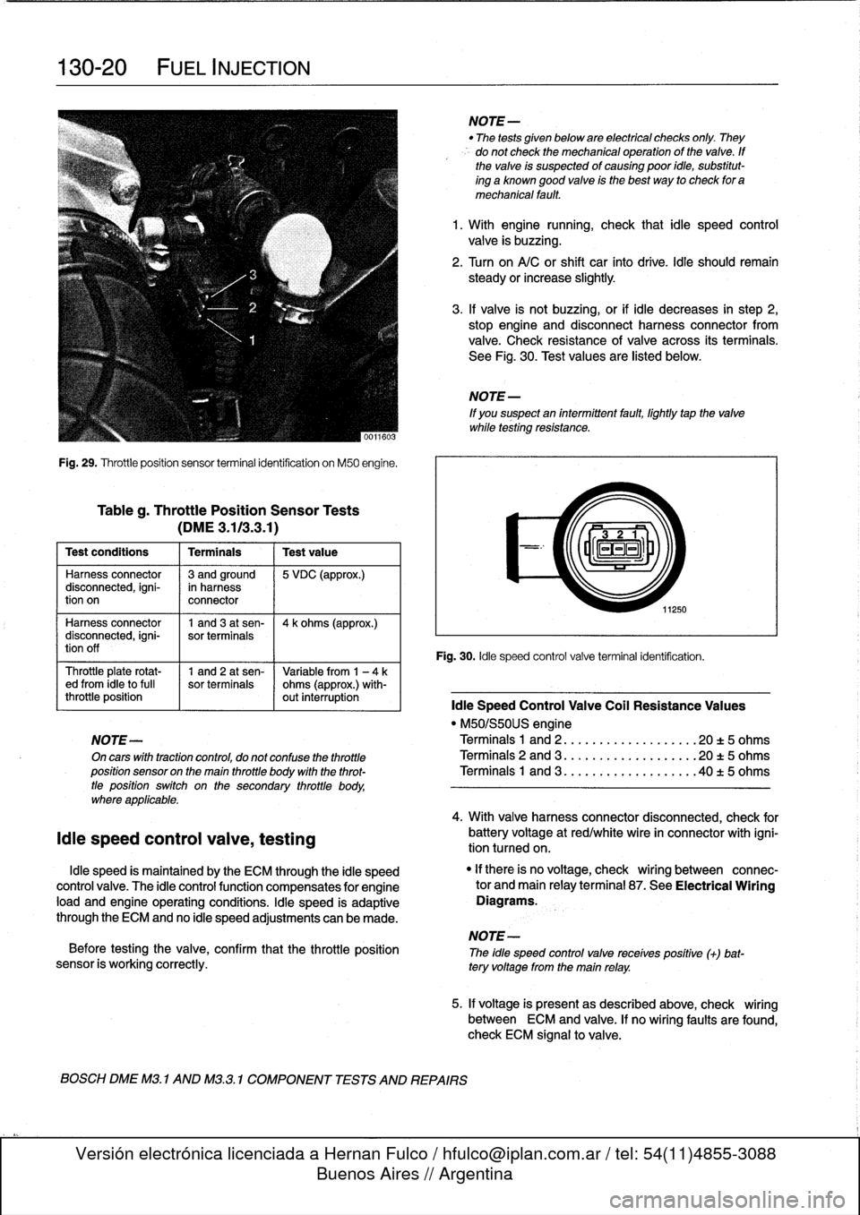 BMW 328i 1995 E36 Workshop Manual 
130-20

	

FUEL
INJECTION

Fig
.
29
.
Throttleposition
sensor
terminal
identification
on
M50
engine
.

Tableg
.
Throttle
Position
Sensor
Tests

(DME3
.113
.3
.1)

Test
conditions

	

I
Terminals

	

