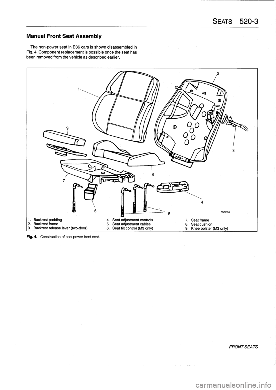 BMW M3 1996 E36 Workshop Manual 
Manual
Front
Seat
Assembly

The
non-power
seat
in
E36
cars
is
shown
disassembled
in

Fig
.
4
.
Component
replacement
is
possible
once
theseat
has

been
removed
from
the
vehicle
as
described
earlier
.