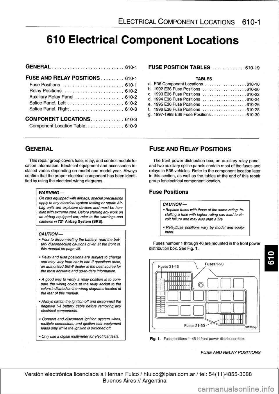 BMW M3 1993 E36 Workshop Manual 
610
Electrical
Component
Locations

GENERAL
...........
.
.
.
.
.
.
.
.
.
........
610-1

	

FOSE
POSITION
TABLES
..
.
.
.
.
.
.....
.
610-19

FUSE
AND
RELAY
POSITIONS
.
...
.
.
.
.
.
610-1

Fuse
Pos