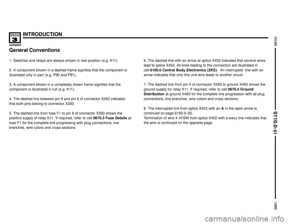 BMW 318ti 1998 E36 Electrical Troubleshooting Manual INTRODUCTION

 

General Conventions
1. Switches and relays are always shown in rest position (e.g. K11).
2. A component shown in a dashed frame signifies that the compone