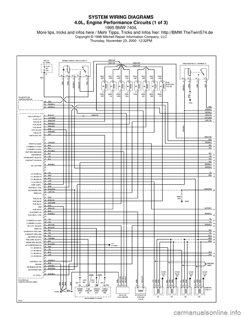 BMW 740il 1995 E38 System Wiring Diagrams SYSTEM WIRING DIAGRAMS
4.0L, Engine Performance Circuits (1 of 3) 1995 BMW 740iL
More tips, tricks and infos here / Mehr Tipps, Tricks and Infos hier: ht\
tp://BMW.TheTwinS74.de Copyright © 1998 Mitc