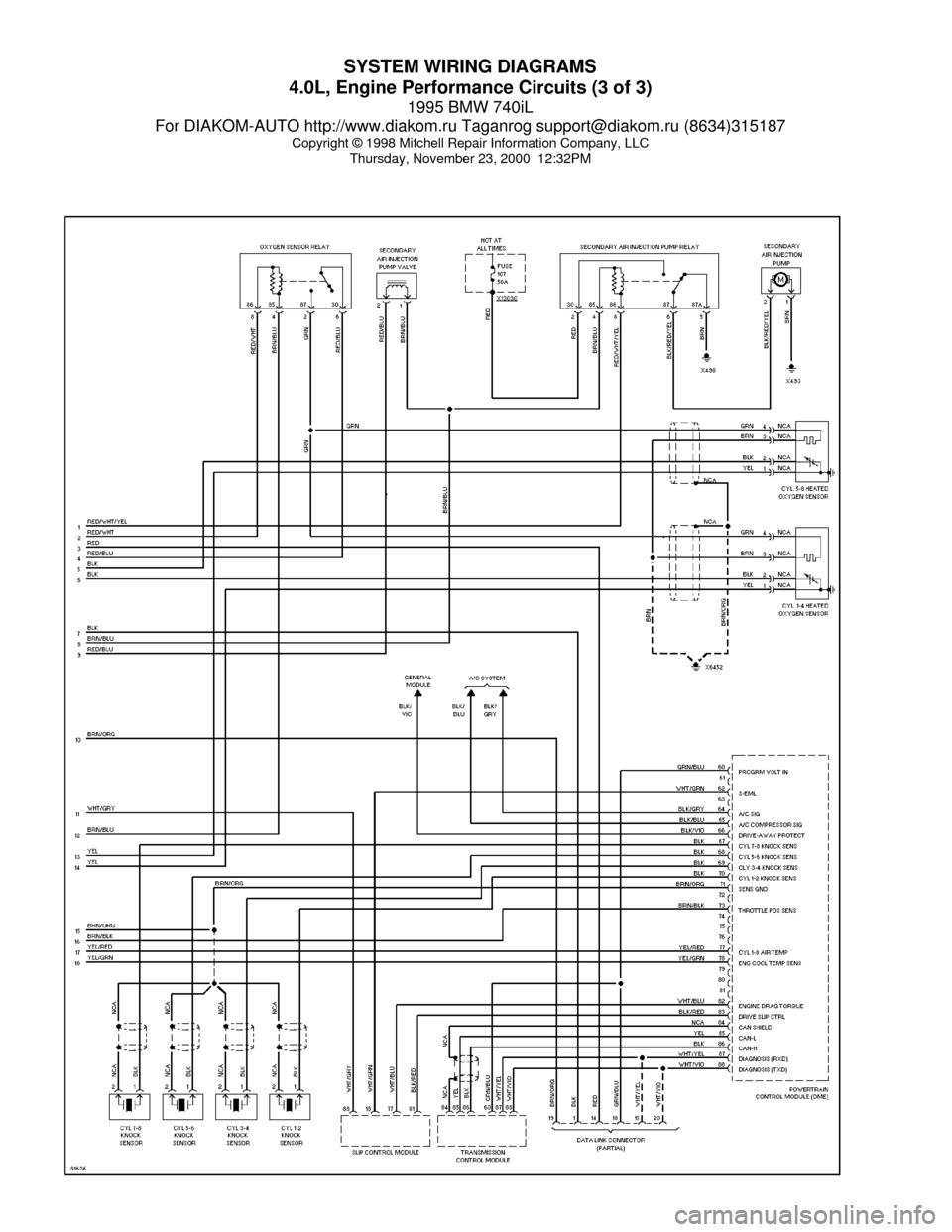 BMW 740il 1995 E38 System Wiring Diagrams SYSTEM WIRING DIAGRAMS
4.0L, Engine Performance Circuits (3 of 3)
1995 BMW 740iL
For DIAKOM-AUTO http://www.diakom.ru Taganrog support@diakom.ru (8634)315187
Copyright © 1998 Mitchell Repair Informat