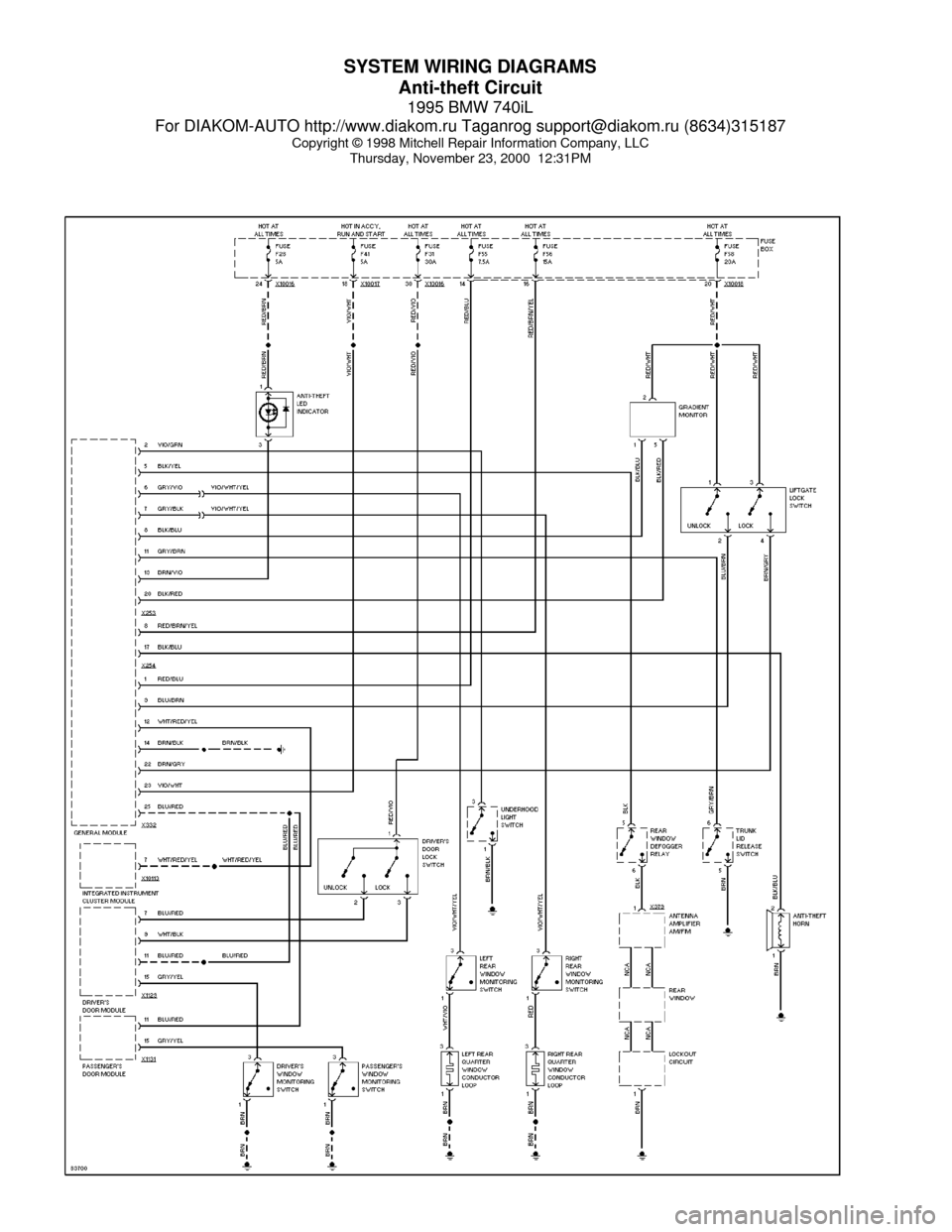 BMW 740il 1995 E38 System Wiring Diagrams SYSTEM WIRING DIAGRAMS
Anti-theft Circuit
1995 BMW 740iL
For DIAKOM-AUTO http://www.diakom.ru Taganrog support@diakom.ru (8634)315187
Copyright © 1998 Mitchell Repair Information Company, LLC
Thursda