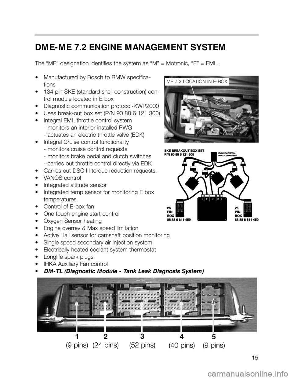 BMW 535i 2000 E39 M62TU Engine Workshop Manual 15
DME-ME 7.2 ENGINE MANAGEMENT SYSTEM
The “ME” designation identifies the system as “M” = Motronic, “E” = EML.
• Manufactured by Bosch to BMW specifica-
tions
• 134 pin SKE (standard 