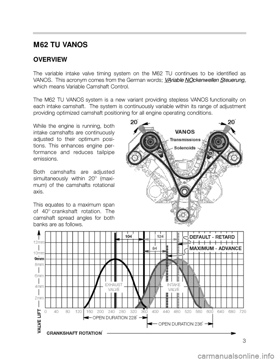 BMW X5 1999 E53 M62TU Engine Workshop Manual 3
M62 TU VANOS
OVERVIEW
The  variable  intake  valve  timing  system  on  the  M62  TU  continues  to  be  identified  as
VANOS.  This acronym comes from the German words; V
Ariable NOckenwellen Steue