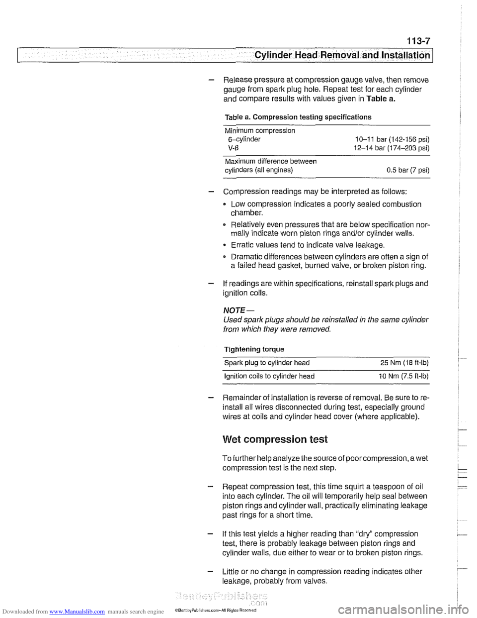 BMW 528i 1997 E39 Workshop Manual Downloaded from www.Manualslib.com manuals search engine 
. .- . -- 
Lr -- - - - -- Cylinder Head Removal and Installation I - 
- Release  pressure  at compression gauge  valve, then remove 
gauge fro