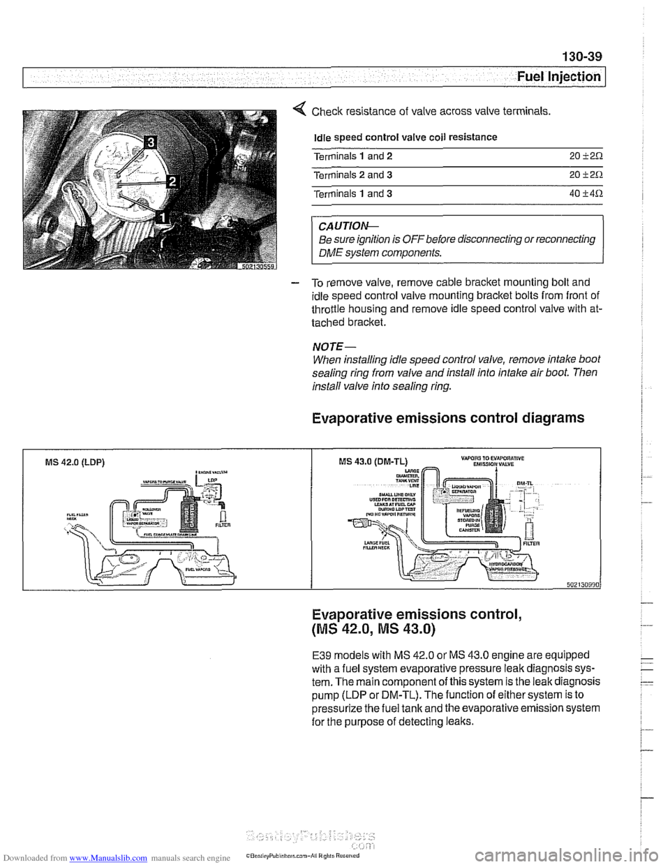 BMW 528i 1997 E39 Workshop Manual Downloaded from www.Manualslib.com manuals search engine 
. . 
Fuel Injection 
Check resistance  of valve  across  valve terminals 
Idle speed  control  valve coil resistance 
Terminals 
1 and 2 20 i2