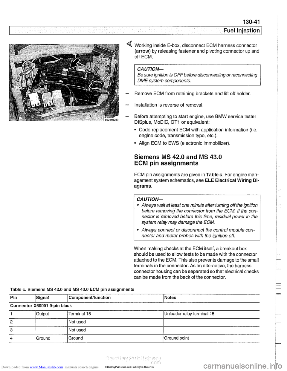 BMW 528i 1997 E39 Workshop Manual Downloaded from www.Manualslib.com manuals search engine 
. - 
Fuel Injection I 
Working inside E-box, disconnect ECM harness  connector 
(arrow)  by releasing  fastener and pivoting  connector  up an
