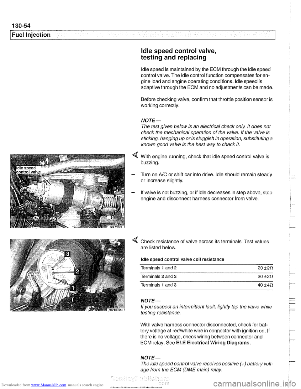 BMW 528i 1997 E39 Workshop Manual Downloaded from www.Manualslib.com manuals search engine 
130-54 
I Fuel Injection ldle speed control  valve, 
testing  and replacing 
ldle speed  is maintained  by the ECM through  the idle speed 
co