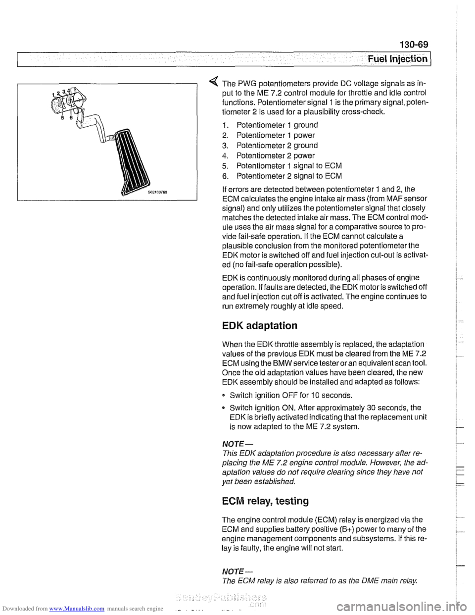 BMW 528i 1997 E39 Workshop Manual Downloaded from www.Manualslib.com manuals search engine 
-- 
Fuel Injection I 
The PWG  potentiometers provide DC voltage  signals as in- 
put to the  ME 7.2 control  module for throttle and idle  co
