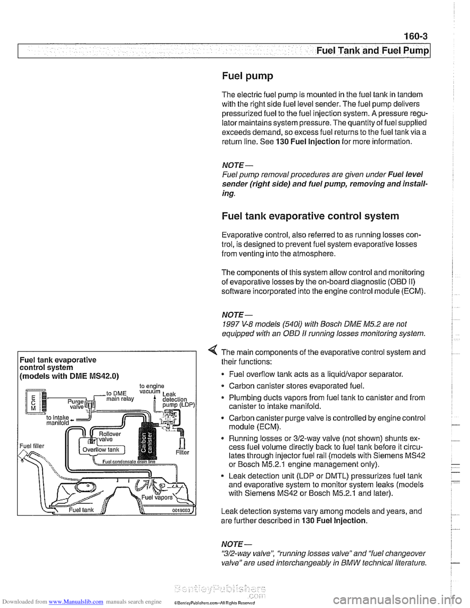 BMW 528i 1997 E39 Workshop Manual Downloaded from www.Manualslib.com manuals search engine 
Fuel Tank and Fuel Pump 
Fuel pump 
The electric  fuel pump  is mounted  in the fuel tank  in tandem 
with  the right  side fuel level  sender