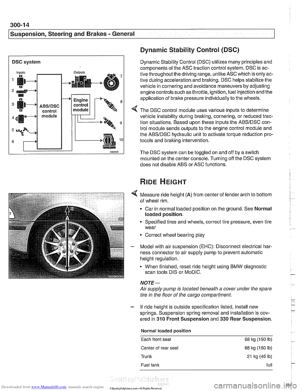 BMW 525i 2000 E39 Workshop Manual Downloaded from www.Manualslib.com manuals search engine 
300-1 4 
I Susoension. Steerina and Brakes - General 
DSC system I 
Dynamic Stability Control (DSC) 
Dynamic Stability Control (DSC) utilizes 