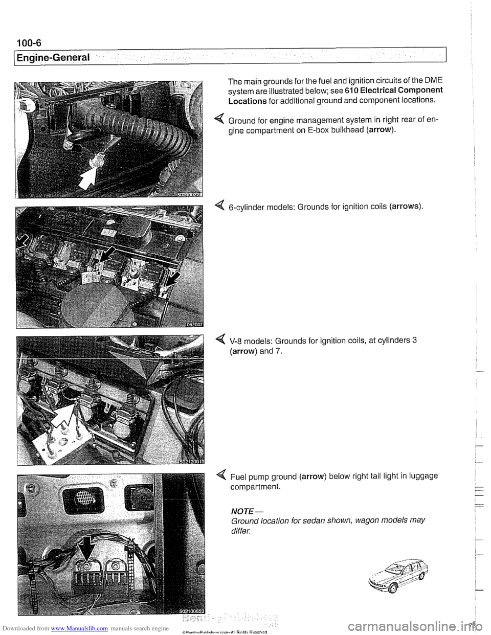 BMW 528i 1997 E39 Workshop Manual Downloaded from www.Manualslib.com manuals search engine 
100-6 
( Engine-General 
The main grounds for the fuel  and ignition circuits  of the DME 
system are illustrated below; see 610 Electrical  C