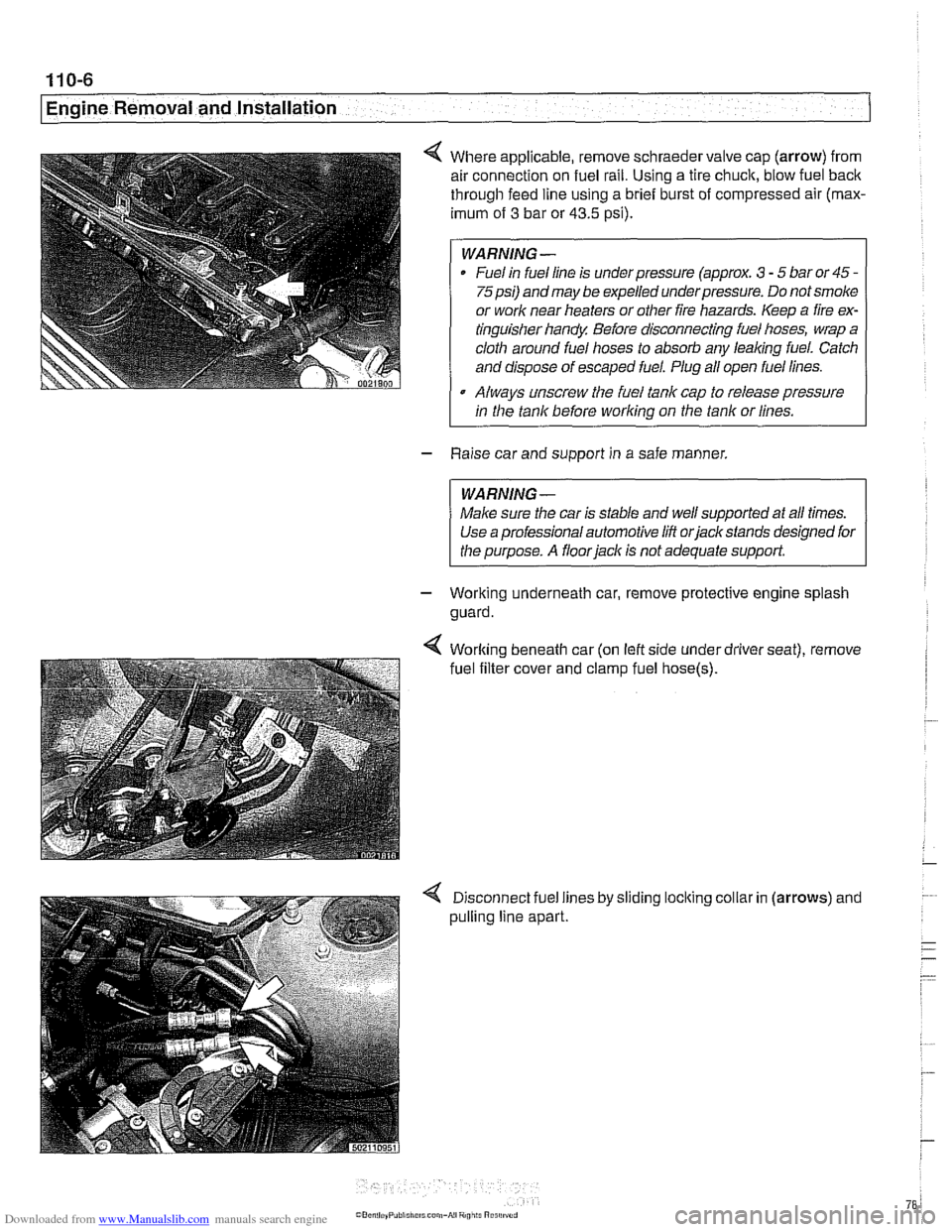 BMW 540i 2000 E39 Workshop Manual Downloaded from www.Manualslib.com manuals search engine 
. .- - 
I Engine Removal and Installation I 
4 Where applicable,  remove schraedervalve  cap (arrow)  from 
air  connection  on fuel  rail. Us