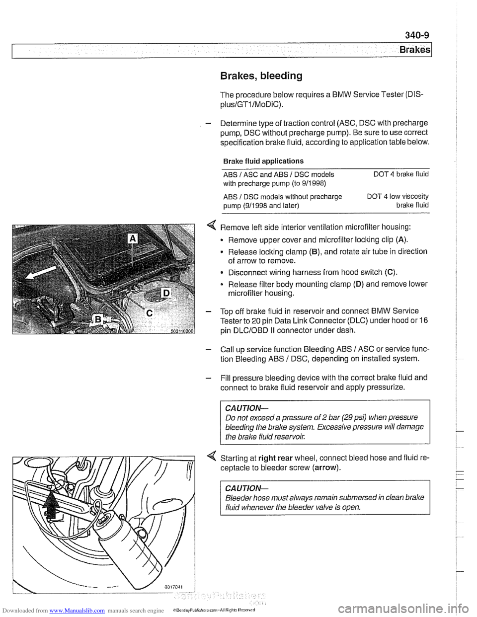 BMW 528i 1997 E39 Workshop Manual Downloaded from www.Manualslib.com manuals search engine 
Brakes 
Brakes, bleeding 
The procedure below requires a BMW Service Tester (DIS- 
pluslGTl/MoDiC). 
- Determine type  of traction control  (A