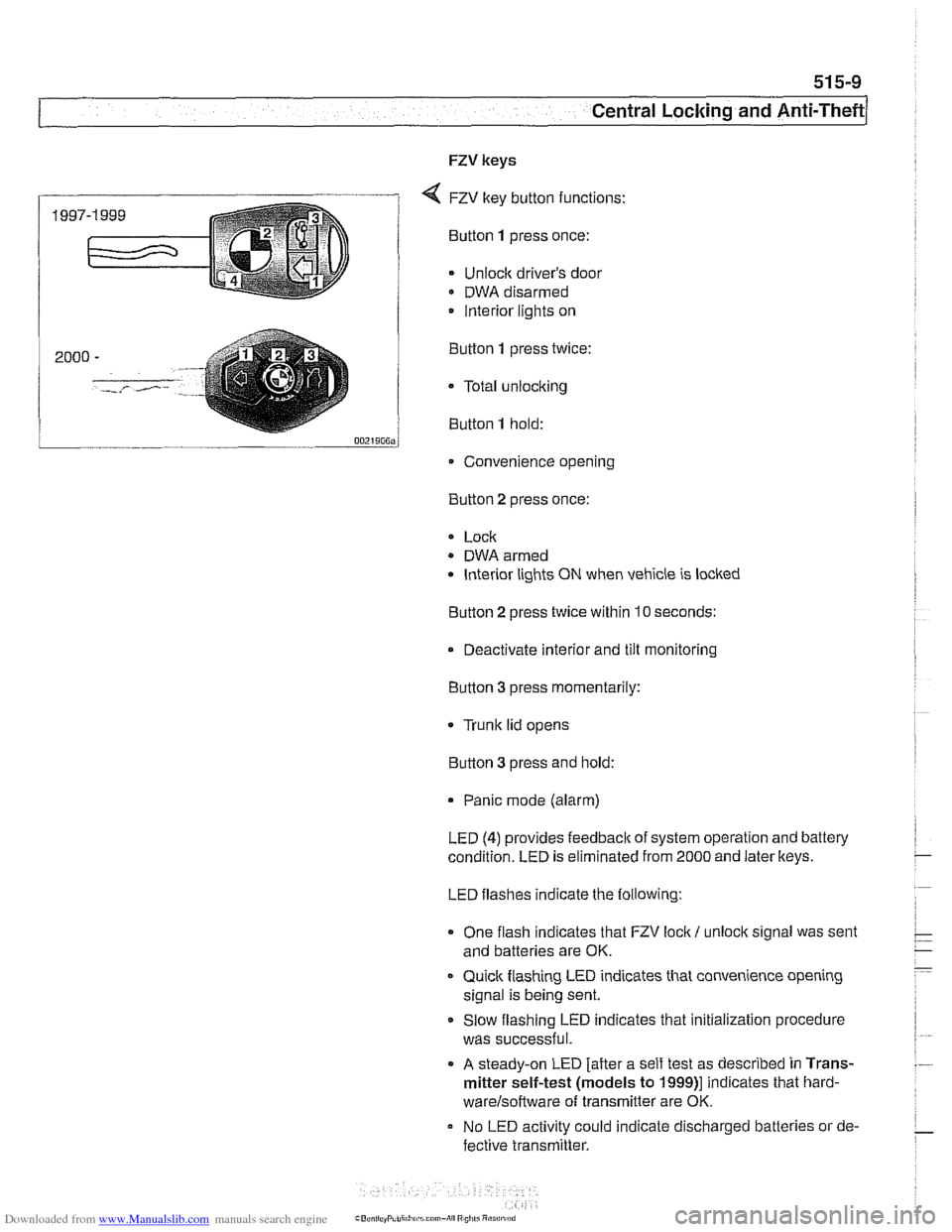 BMW 525i 1998 E39 Workshop Manual Downloaded from www.Manualslib.com manuals search engine 
515-9 
Central Locking and ~nti-~heftl 
FZV keys 
4 FZV key button functions: 
Bunon 1 press  once: 
Unlock  drivers  door 
DWA  disarmed 
/ 
