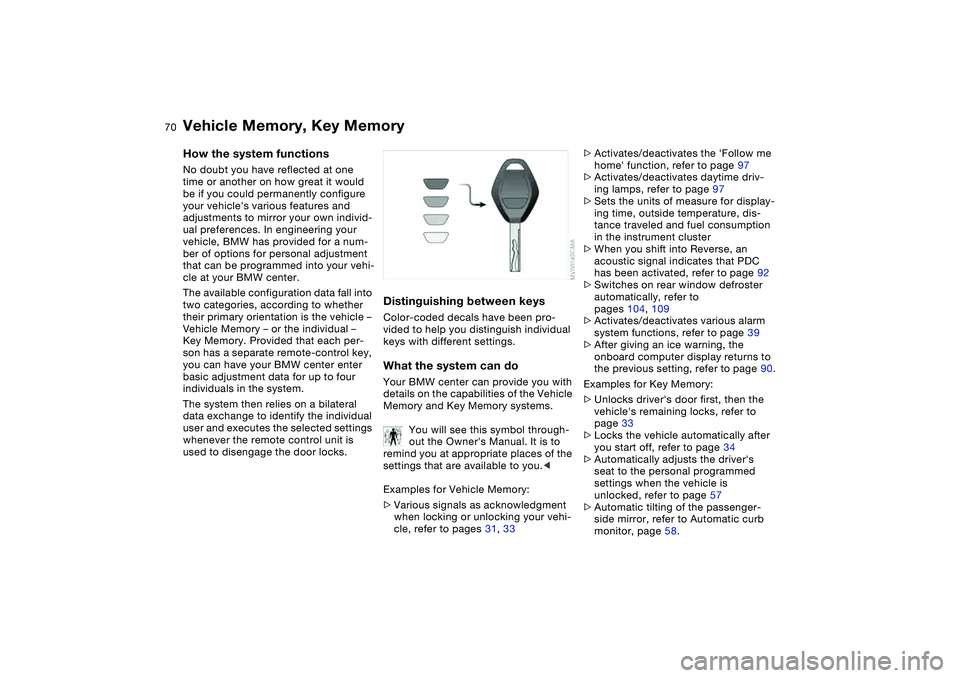 BMW 325CI 2004  Owners Manual 70
Vehicle Memory, Key MemoryHow the system functionsNo doubt you have reflected at one 
time or another on how great it would 
be if you could permanently configure 
your vehicles various features a