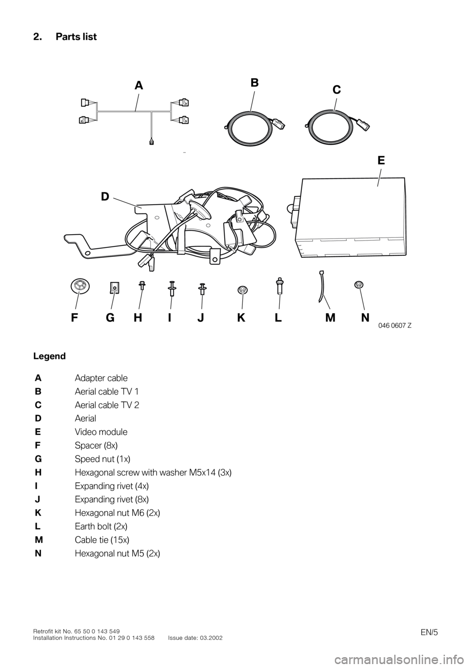 BMW 3 SERIES 2004 E46 TV Function Retrofit Kit Installation Instruction Manual  
EN/5
 
Retrofit kit No. 65 50 0 143 549
Installation Instructions No. 01 29 0 143 558 Issue date: 03.2002 
2. Parts list
 
0
 
Legend
A
 
Adapter cable
 
B
 
Aerial cable TV 1
 
C
 
Aerial cable TV 