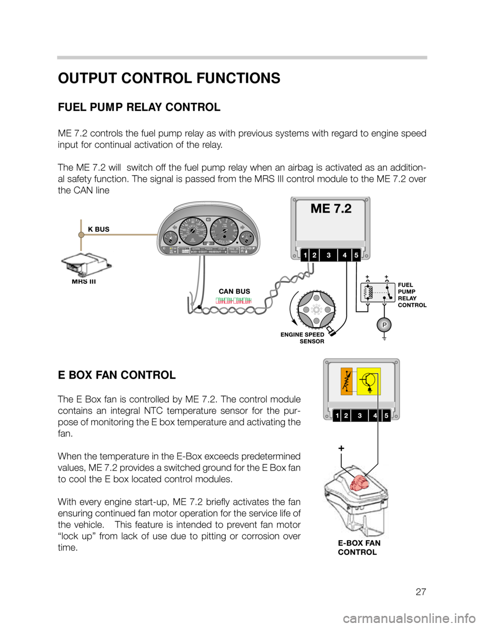 BMW X5 2003 E53 M62TU Engine Workshop Manual 27
OUTPUT CONTROL FUNCTIONS
FUEL PUMP RELAY CONTROL
ME 7.2 controls the fuel pump relay as with previous systems with regard to engine speed
input for continual activation of the relay.  
The ME 7.2 w