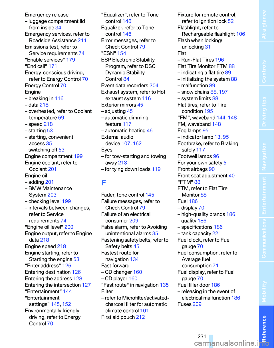 BMW 323i 2006  Owners Manual Reference 231
At a glance
Controls
Driving tips
Communications
Navigation
Entertainment
Mobility
Emergency release
– luggage compartment lid 
from inside34
Emergency services, refer to 
Roadside Ass