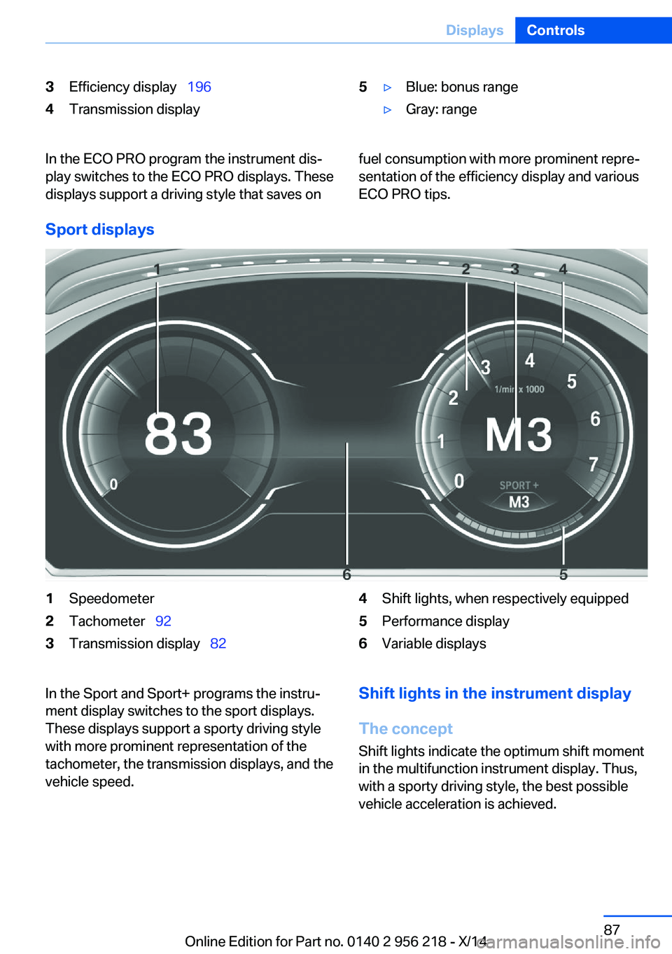 BMW 535I XDRIVE SEDAN 2014 Owners Guide 3Efficiency display  1964Transmission display5▷Blue: bonus range▷Gray: rangeIn the ECO PRO program the instrument dis‐
play switches to the ECO PRO displays. These
displays support a driving