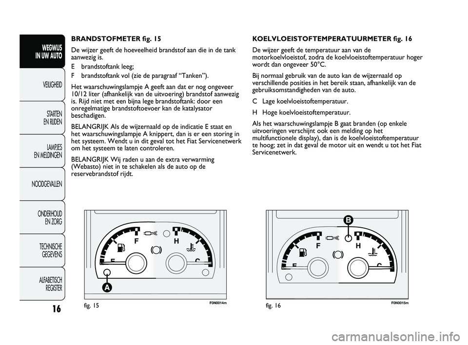 FIAT DUCATO 2011  Instructieboek (in Dutch) F0N0014mfig. 15F0N0015mfig. 16
KOELVLOEISTOFTEMPERATUURMETER fig. 16
De wijzer geeft de temperatuur aan van de
motorkoelvloeistof, zodra de koelvloeistoftemperatuur hoger
wordt dan ongeveer 50°C.
Bij