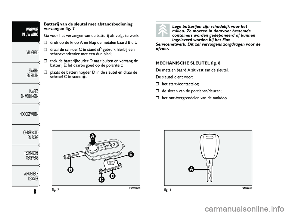 FIAT DUCATO 2011  Instructieboek (in Dutch) F0N0802mfig. 7F0N0337mfig. 8
MECHANISCHE SLEUTEL fig. 8
De metalen baard A zit vast aan de sleutel.
De sleutel dient voor:
❒het start-/contactslot;
❒de sloten van de portieren/deuren;
❒het ont-/