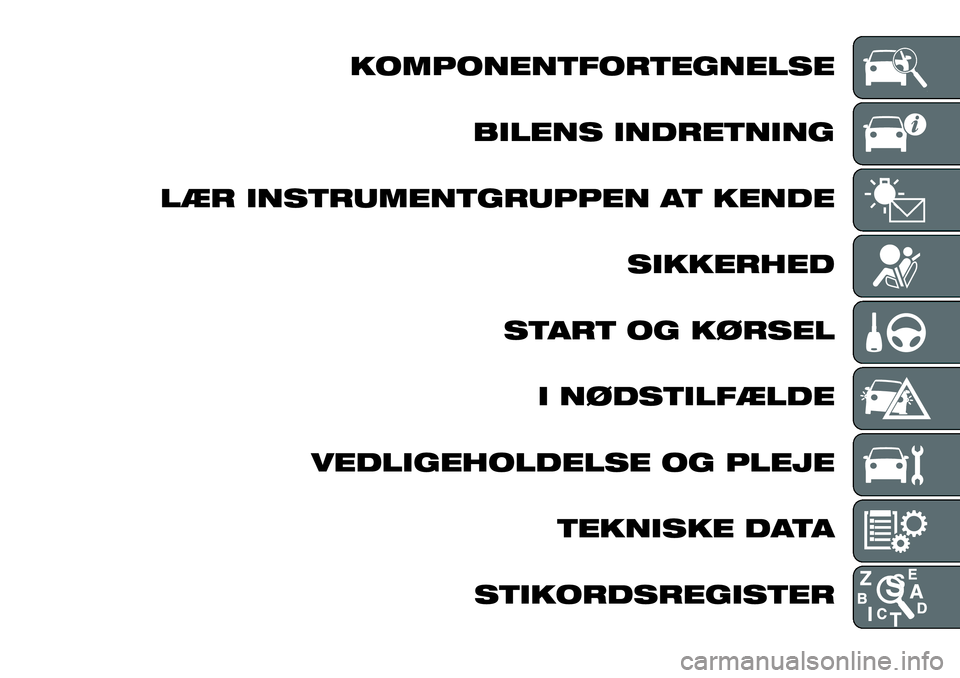 FIAT TALENTO 2021  Brugs- og vedligeholdelsesvejledning (in Danish) KOMPONENTFORTEGNELSE
BILENS INDRETNING
LÆR INSTRUMENTGRUPPEN AT KENDE
SIKKERHED
START OG KØRSEL
I NØDSTILFÆLDE
VEDLIGEHOLDELSE OG PLEJE
TEKNISKE DATA
STIKORDSREGISTER 