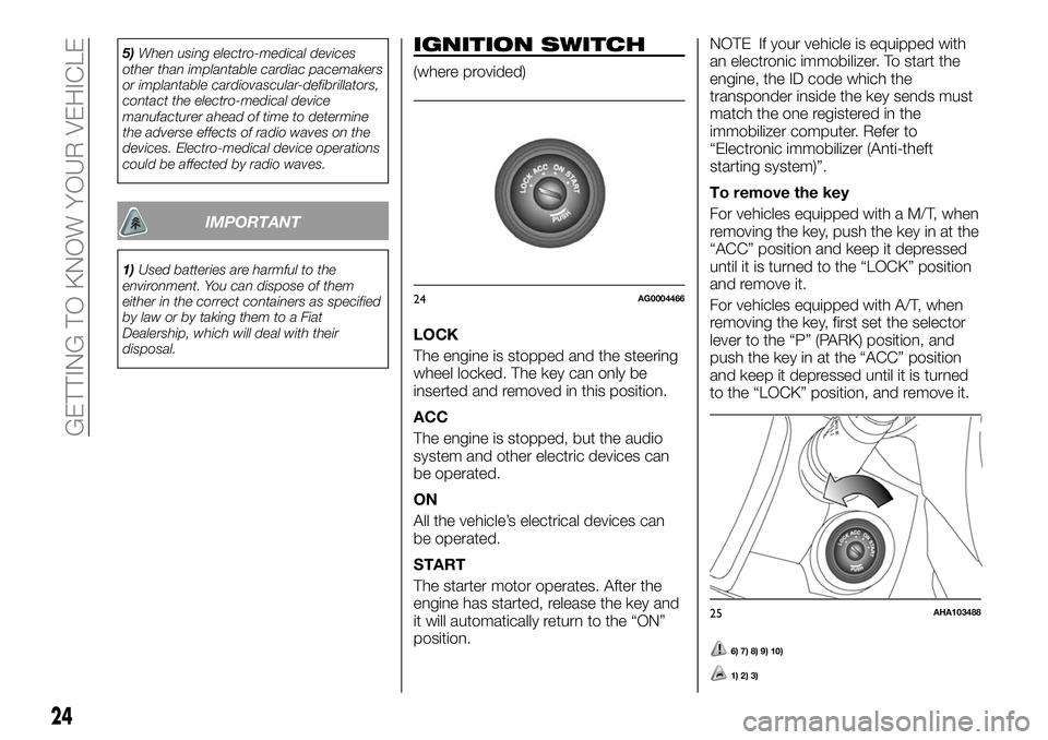 FIAT FULLBACK 2018  Owner handbook (in English) 5)When using electro-medical devices
other than implantable cardiac pacemakers
or implantable cardiovascular-defibrillators,
contact the electro-medical device
manufacturer ahead of time to determine
