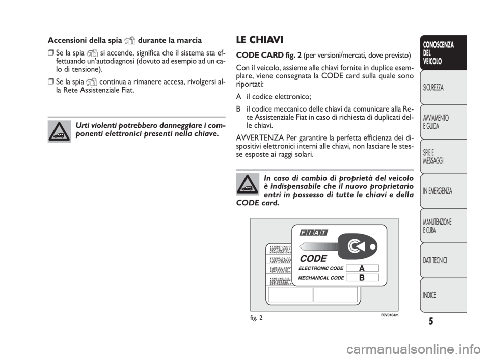 FIAT DOBLO COMBI 2010  Libretto Uso Manutenzione (in Italian) 5
CONOSCENZA
DEL
VEICOLO
SICUREZZA
AVVIAMENTO
EGUIDA
SPIE E
MESSAGGI
IN EMERGENZA
MANUTENZIONE
ECURA
DATI TECNICI
INDICE
LE CHIAVI
CODE CARD fig. 2(per versioni/mercati, dove previsto)
Con il veicolo,