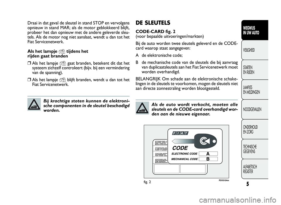 FIAT DOBLO COMBI 2009  Instructieboek (in Dutch) 5
WEGWIJS
IN UW AUTO
VEILIGHEID
STARTEN
EN RIJDEN
LAMPJES
EN MELDINGEN
NOODGEVALLEN
ONDERHOUD
EN ZORG
TECHNISCHE
GEGEVENS
ALFABETISCH
REGISTER
DE SLEUTELS
CODE-CARD fig. 2
(voor bepaalde uitvoeringen/