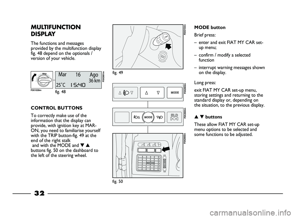 FIAT STRADA 2012  Owner handbook (in English) 32
MULTIFUNCTION
DISPLAY 
The functions and messages
provided by the multifunction display
fig. 48 depend on the optionals /
version of your vehicle.
fig. 49
F0X0154m
CONTROL BUTTONS
To correctly make
