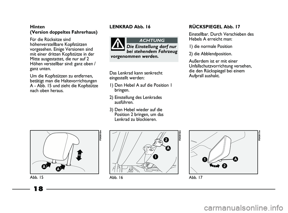 FIAT STRADA 2013  Betriebsanleitung (in German) 18
RÜCKSPIEGEL Abb. 17
Einstellbar. Durch Verschieben des
Hebels A erreicht man:
1) die normale Position
2) die Abblendposition.
Außerdem ist er mit einer
Unfallschutzvorrichtung versehen,
die den R