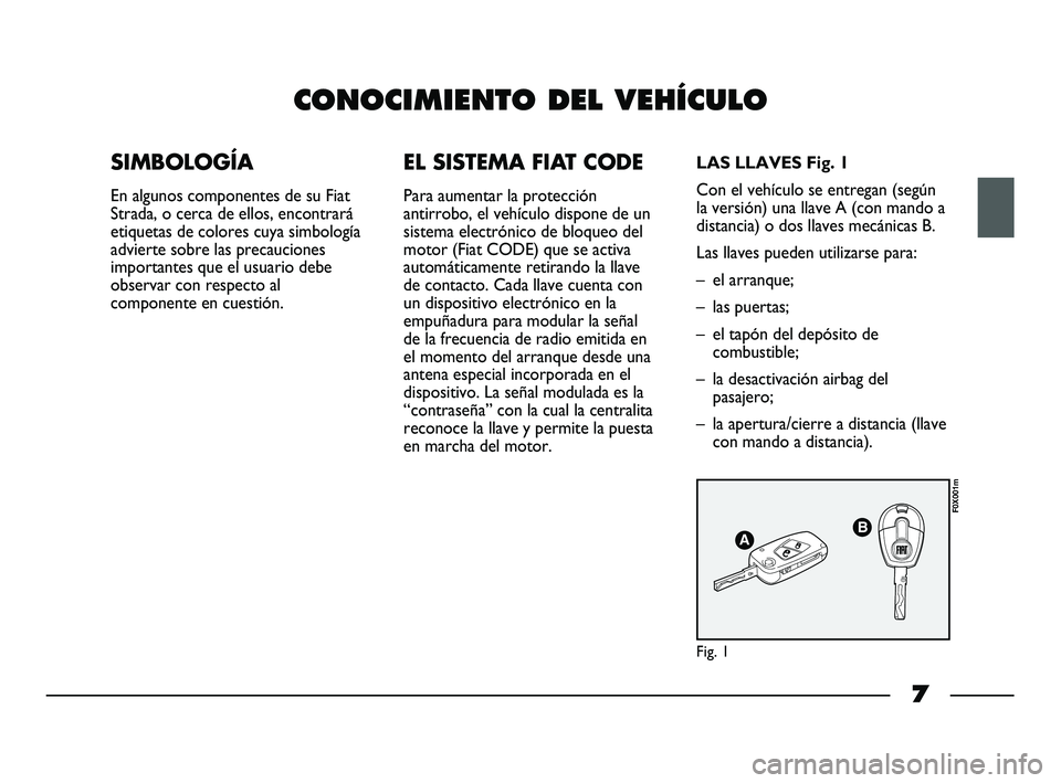 FIAT STRADA 2014  Manual de Empleo y Cuidado (in Spanish) 7
CONOCIMIENTO DEL VEHÍCULO
SIMBOLOGÍA
En algunos componentes de su Fiat
Strada, o cerca de ellos, encontrará
etiquetas de colores cuya simbología
advierte sobre las precauciones
importantes que e