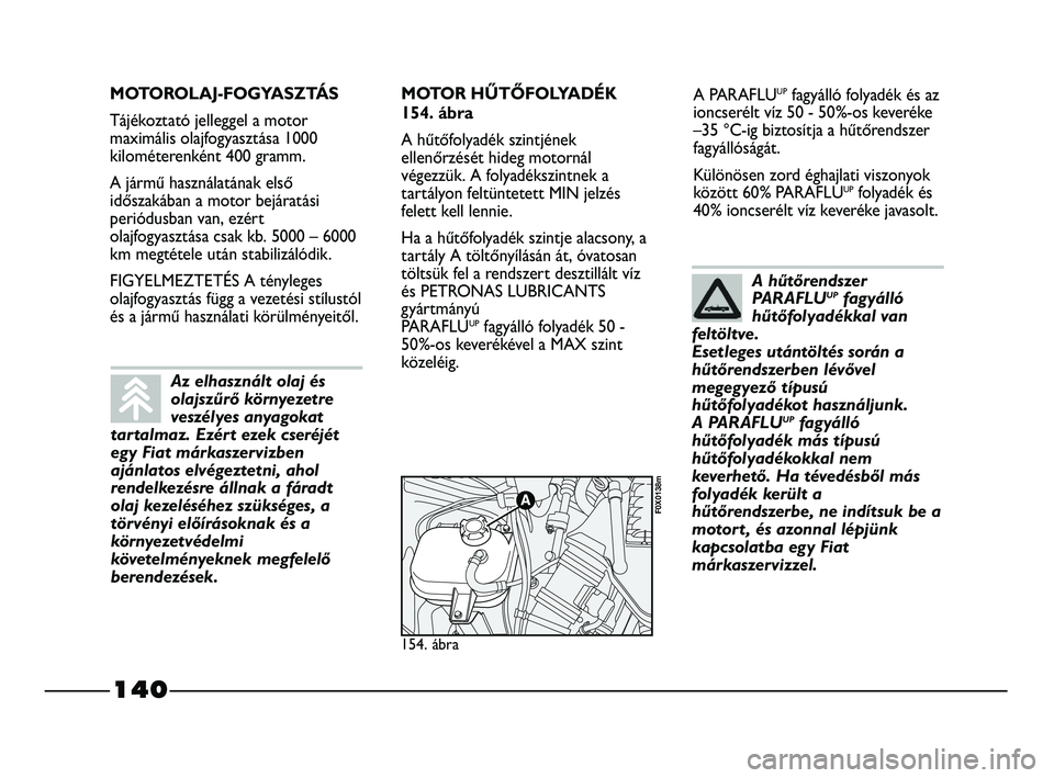 FIAT STRADA 2013  Kezelési és karbantartási útmutató (in Hungarian) 140
A PARAFLUUPfagyálló folyadék és az
ioncserélt víz 50 - 50%-os keveréke
–35 °C-ig biztosítja a hűtőrendszer
fagyállóságát.
Különösen zord éghajlati viszonyok
között 60% PARAF