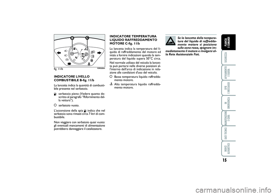 FIAT SCUDO 2015  Libretto Uso Manutenzione (in Italian) 15
SICUREZZAAVVIAMENTO 
E GUIDASPIE 
E MESSAGGIIN 
EMERGENZAMANUTENZIONE
E CURADATI TECNICIINDICE 
ALFABETICOPLANCIA 
E COMANDI
INDICATORE LIVELLO
COMBUSTIBILE B-fig. 11/b
La lancetta indica la quanti