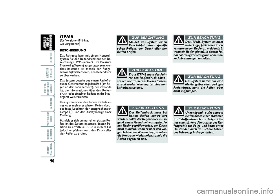 FIAT SCUDO 2016  Betriebsanleitung (in German) 90SICHERHEIT
ANLASSEN 
UND FAHRTKONTROLL-
LEUCHTEN UND
ANZEIGEN
IM NOTFALLWARTUNG UND
PFLEGE TECHNISCHE
MERKMALEINHALTS-
VERZEICHNIS
ARMATUREN-
BRETT UND
BEDIENELEMENT
E
iTPMS(für Versionen/Märkte, 