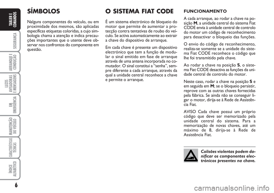 FIAT SCUDO 2011  Manual de Uso e Manutenção (in Portuguese) 6
SEGURANÇA
ARRANQUE E 
CONDUÇÃO
LUZES
AVISADORAS 
E MENSAGENS
EM
EMERGÊNCIA
MANUTENÇÃO
DO VEÍCULO
CARACTERÍSTICAS
TÉCNICAS
ÍNDICE
ALFABÉTICO
TABLIER E
COMANDOS
SÍMBOLOS
Nalguns componente