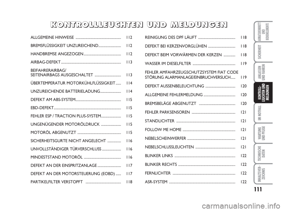 FIAT FIORINO 2015  Betriebsanleitung (in German) 111
IM NOTFALL
WARTUNG 
UND PFLEGE 
TECHNISCHE
DATEN
INHALTSVER-
ZEICHNIS
ARMATURENBRETT
UND
BEDIENELEMENTE
SICHERHEIT
ANLASSEN
UND FAHREN
KONTROLL-
LEUCHTEN UND
MELDUNGEN
ALLGEMEINE HINWEISE.........