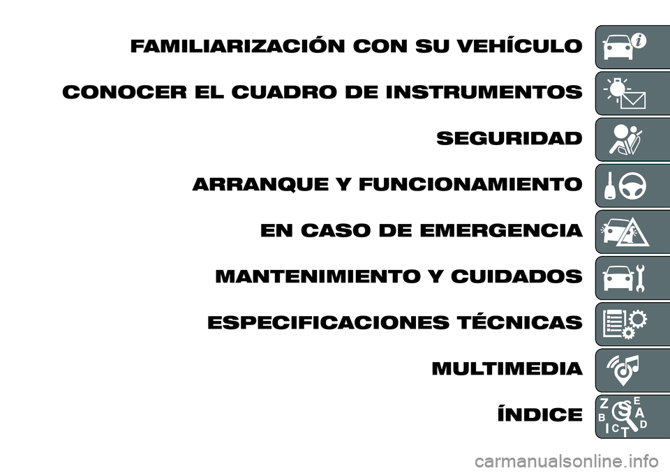 FIAT 124 SPIDER 2021  Manual de Empleo y Cuidado (in Spanish) FAMILIARIZACIÓN CON SU VEHÍCULO
CONOCER EL CUADRO DE INSTRUMENTOS
SEGURIDAD
ARRANQUE Y FUNCIONAMIENTO
EN CASO DE EMERGENCIA
MANTENIMIENTO Y CUIDADOS
ESPECIFICACIONES TÉCNICAS
MULTIMEDIA
ÍNDICE 