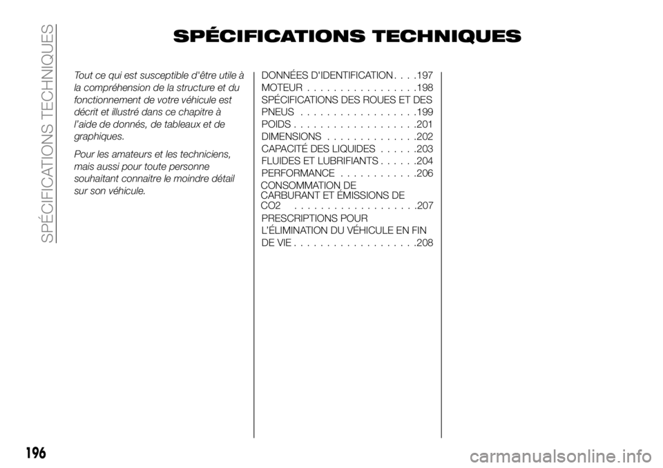 FIAT 124 SPIDER 2020  Notice dentretien (in French) SPÉCIFICATIONS TECHNIQUES
Tout ce qui est susceptible d'être utile à
la compréhension de la structure et du
fonctionnement de votre véhicule est
décrit et illustré dans ce chapitre à
l’a