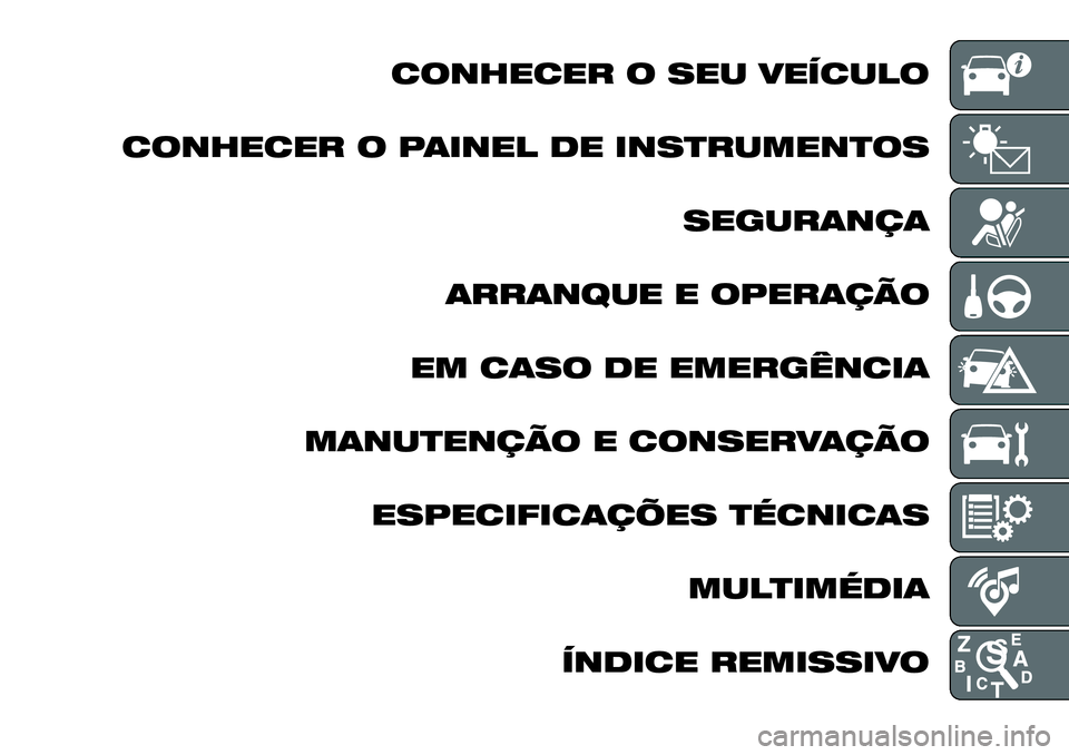 FIAT 124 SPIDER 2021  Manual de Uso e Manutenção (in Portuguese) CONHECER O SEU VEÍCULO
CONHECER O PAINEL DE INSTRUMENTOS
SEGURANÇA
ARRANQUE E OPERAÇÃO
EM CASO DE EMERGÊNCIA
MANUTENÇÃO E CONSERVAÇÃO
ESPECIFICAÇÕES TÉCNICAS
MULTIMÉDIA
ÍNDICE REMISSIVO 